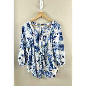 Charter Club 100% Linen Women's XL Blue Floral 3/4 Sleeve Button Up Ruffles